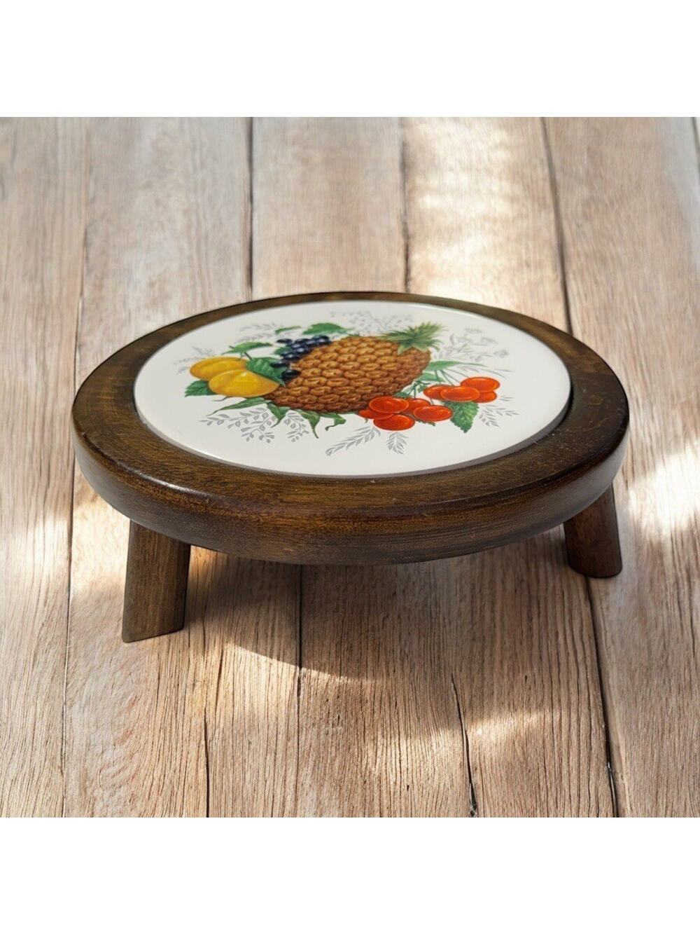 Vintage Ceramic Footed Trivet Charcuterie Board Fruits Design MCM 7.5"x2.5"